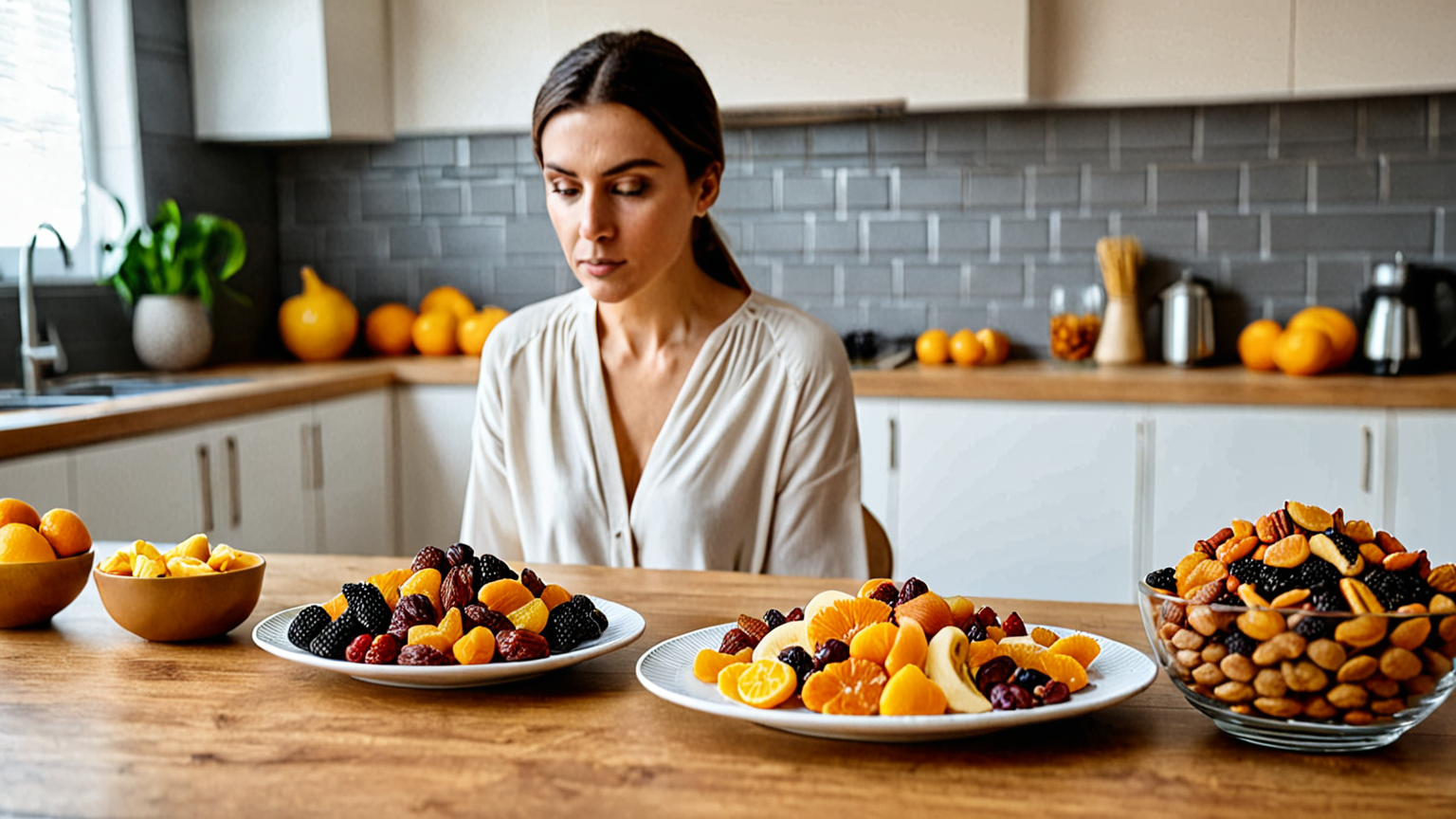困った表情の人とドライフルーツ