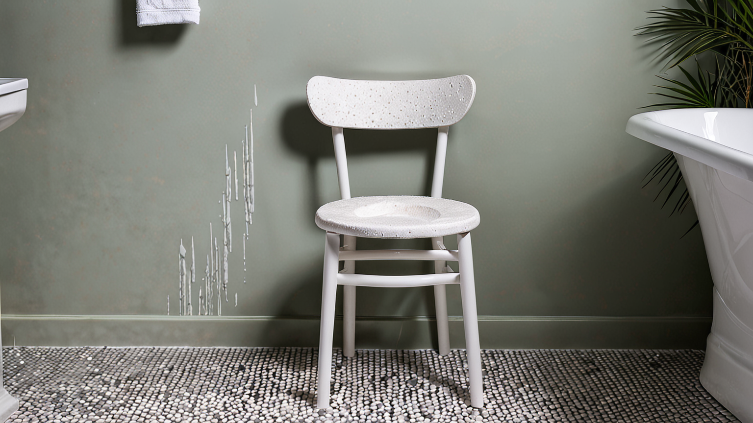 浴室の椅子に付いた水垢が白く固まっている様子
