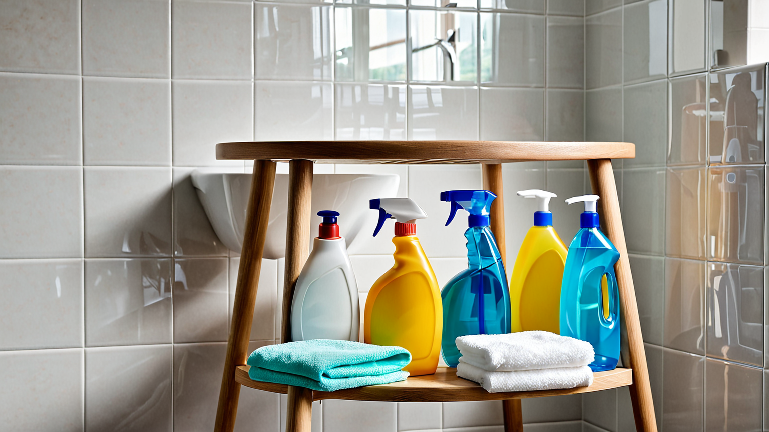 浴室椅子の掃除用具と洗剤が並んでいる様子