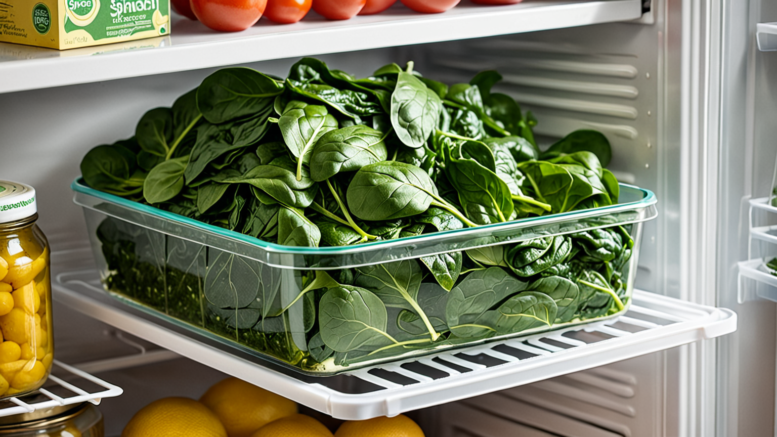 ほうれん草のおひたしを保存容器に入れて冷蔵庫にしまう様子