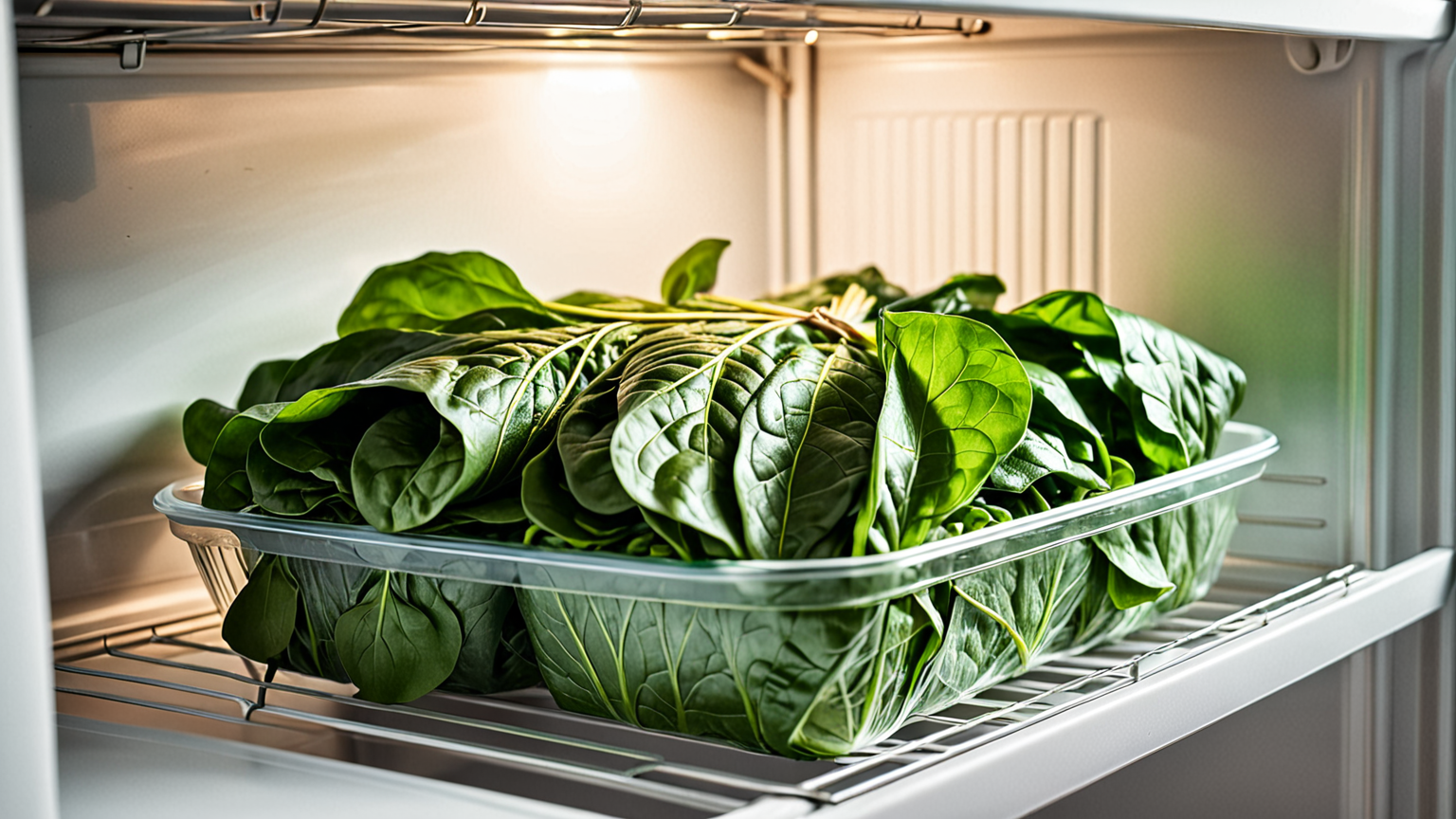 ほうれん草おひたしをラップで包み冷蔵庫に入れている様子