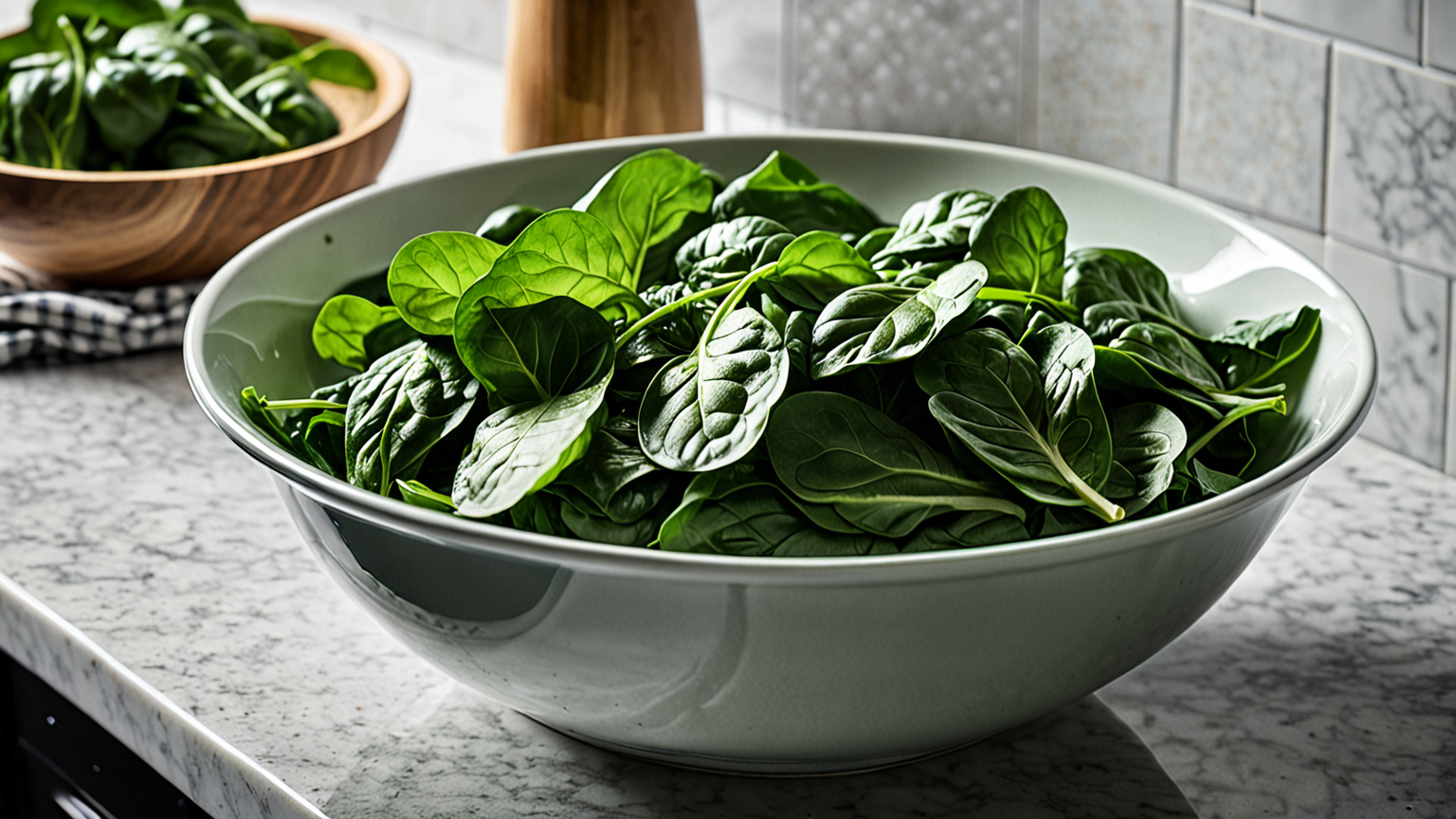 茹でたほうれん草を冷水で冷やしている様子