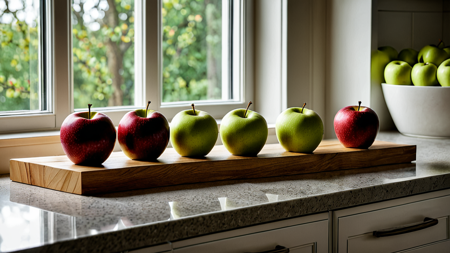 熟したりんごが並ぶキッチンカウンター