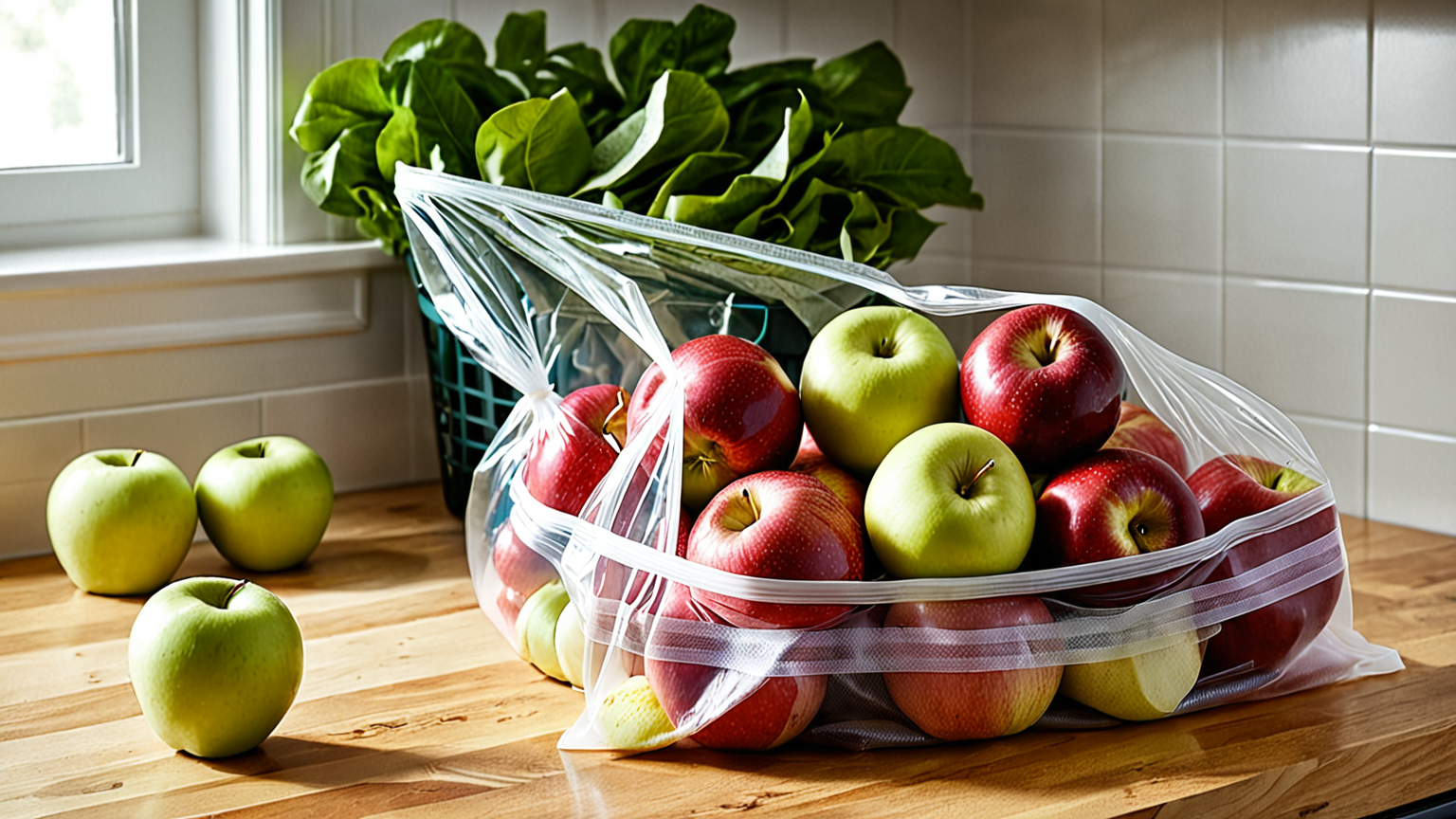 りんごをビニール袋に入れて追熟する様子