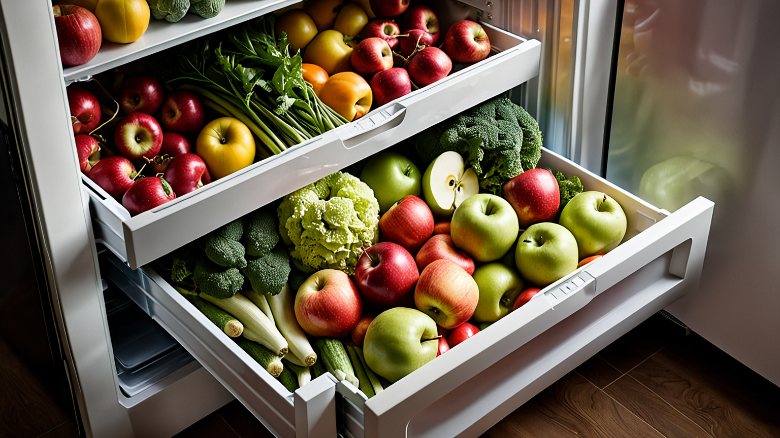 りんごを冷蔵庫の野菜室に保存する様子