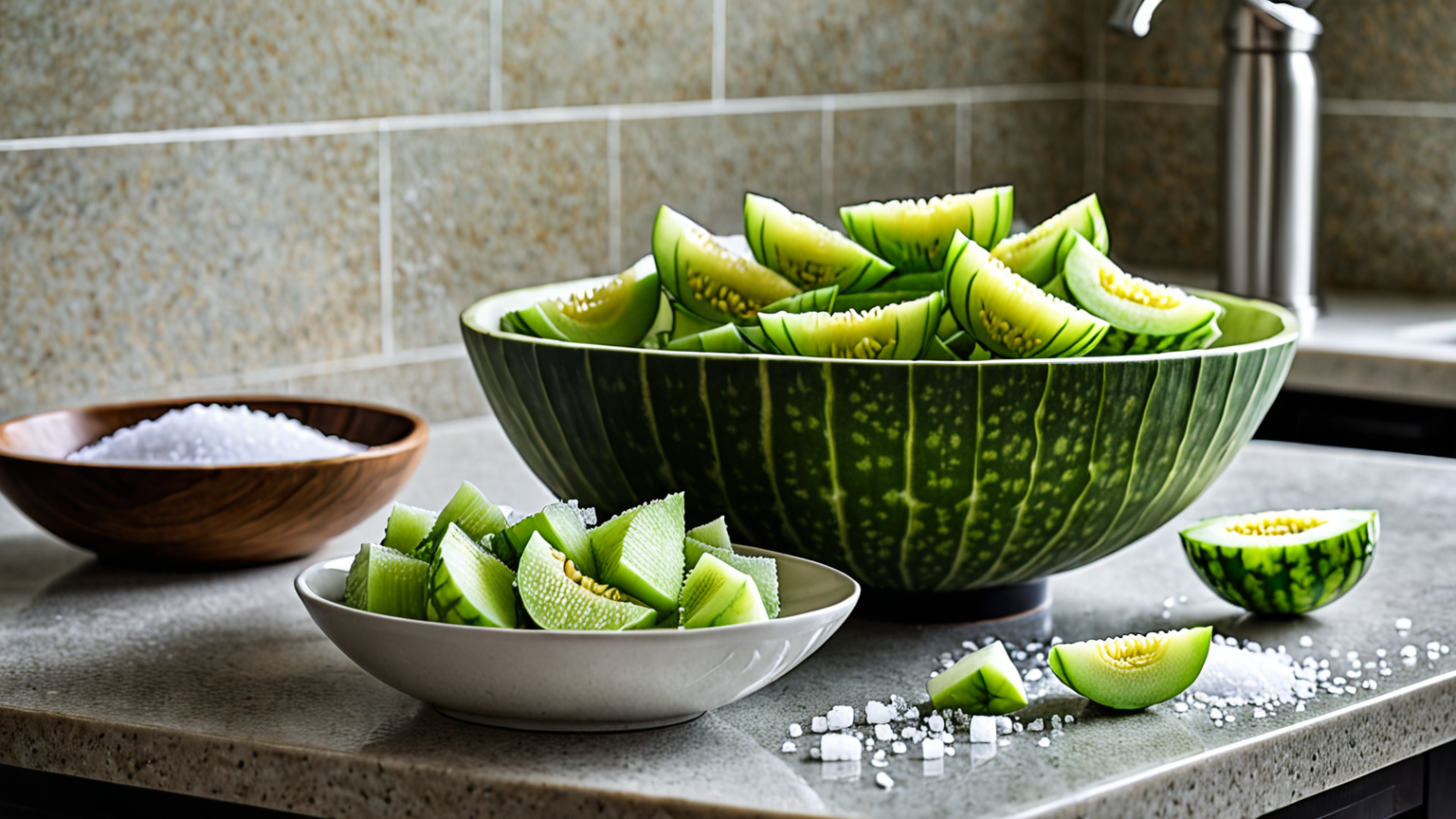 ゴーヤをカットして塩をふる様子