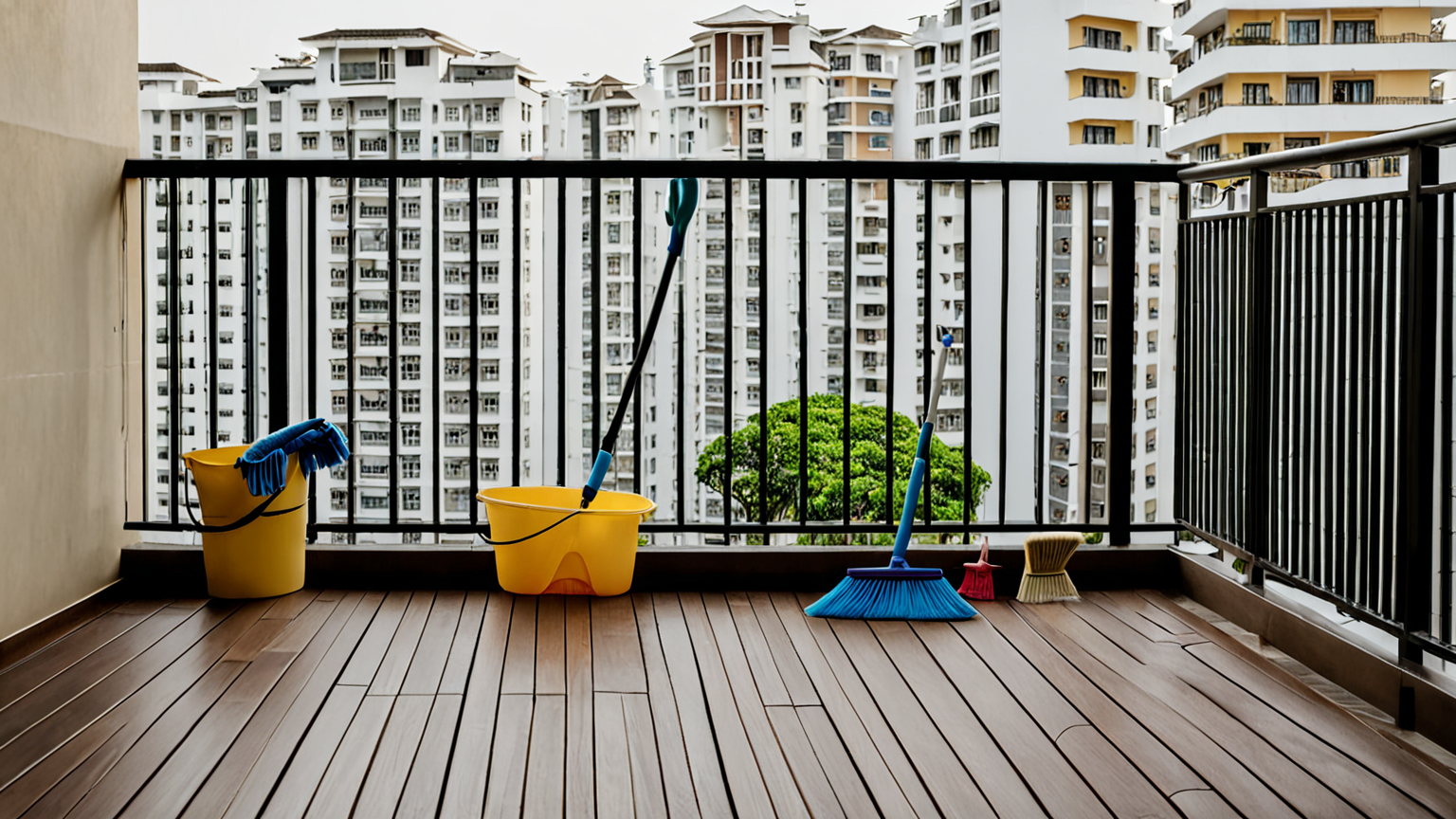 掃除用具が並んだベランダの様子
