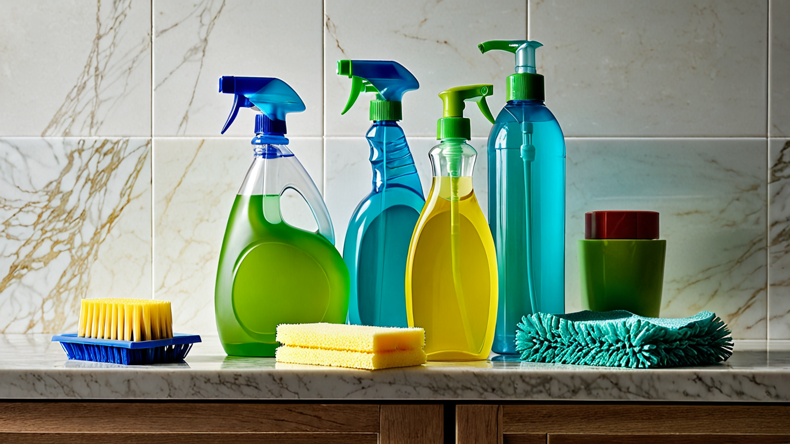 掃除用洗剤とブラシが並んだ写真