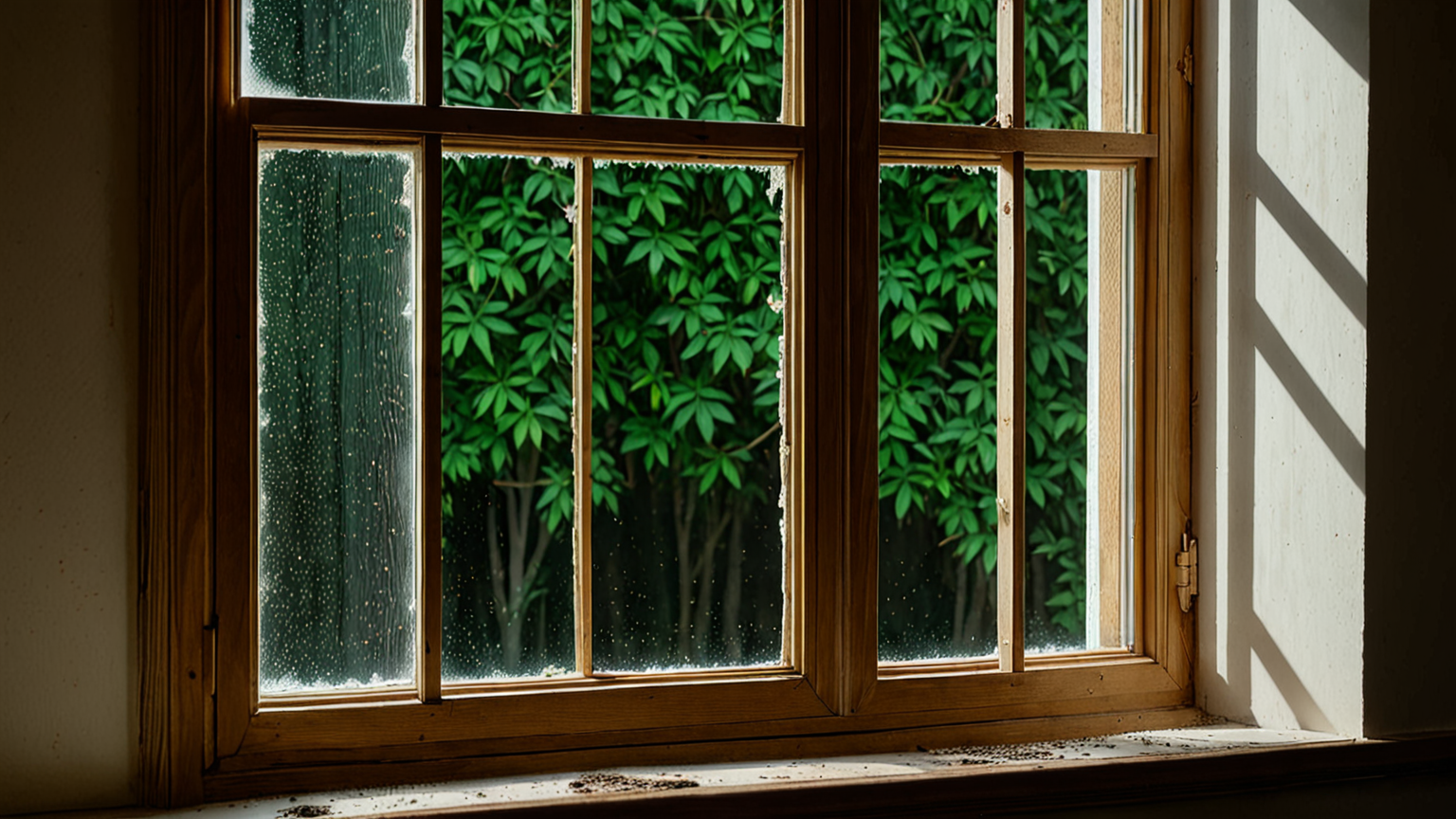 木製窓枠のカビが見える状態