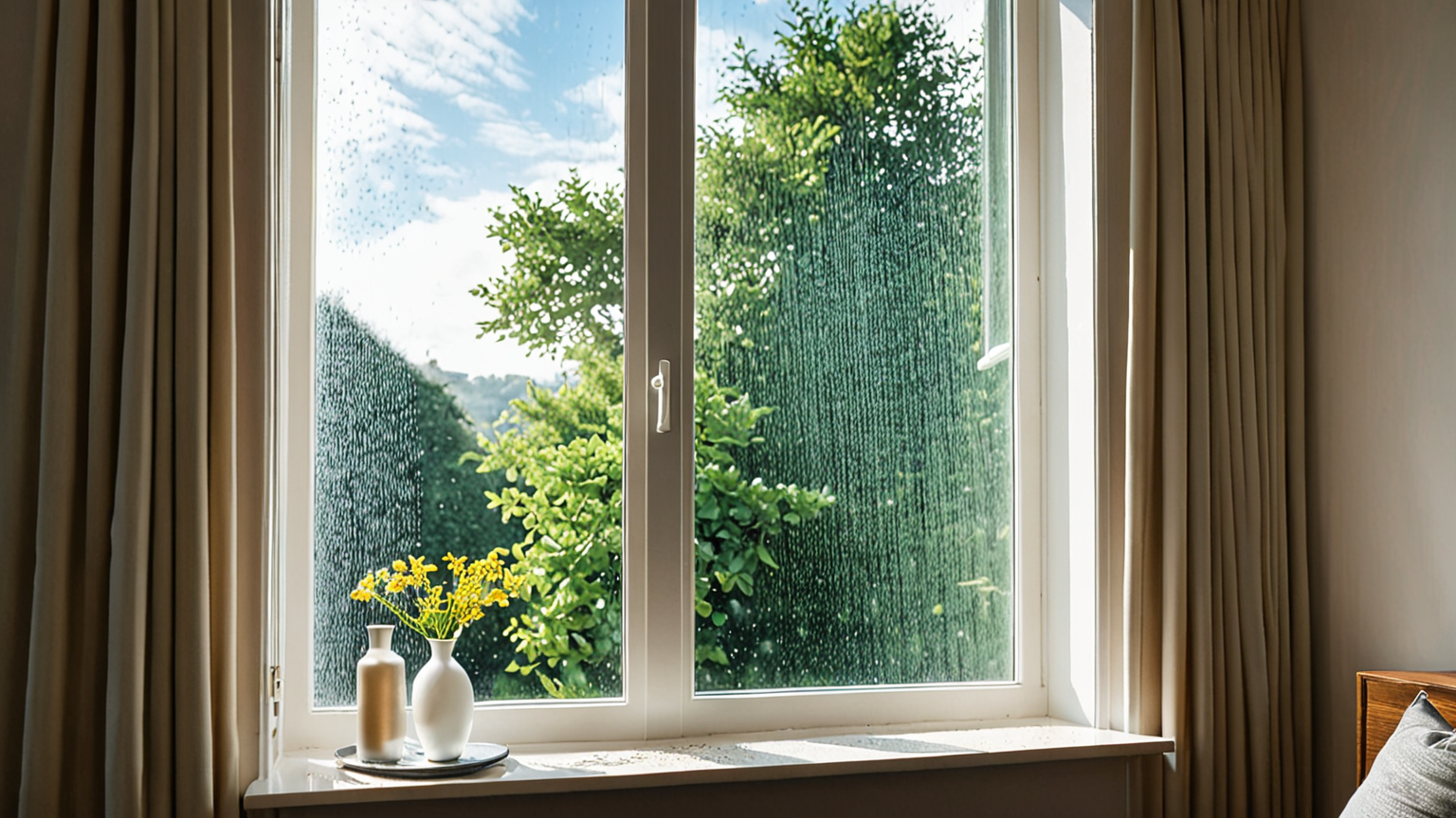 窓の結露を拭き取る様子