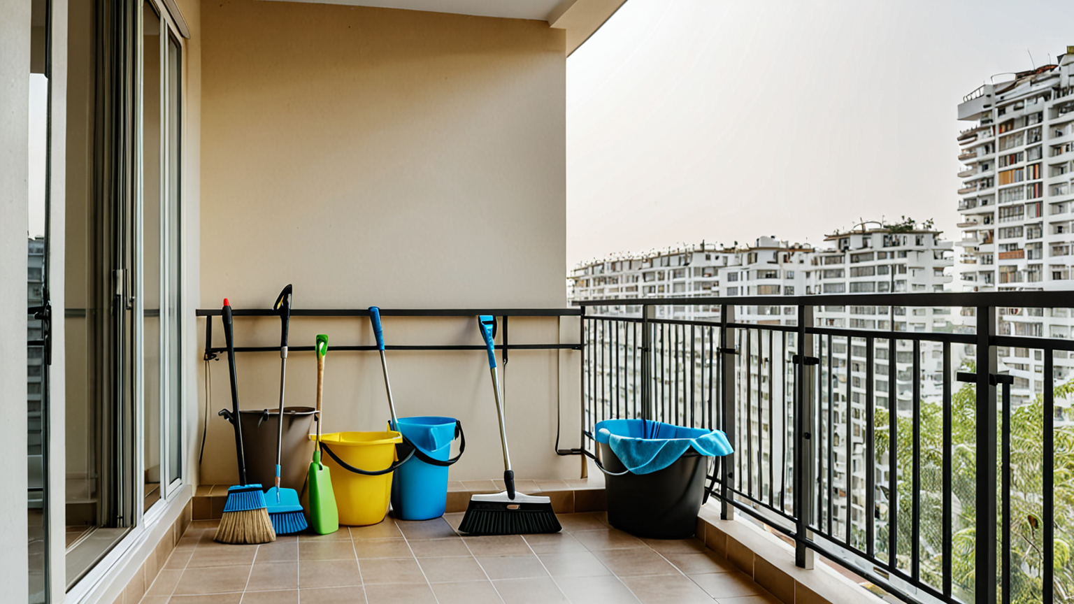 掃除用具が並べられたベランダ