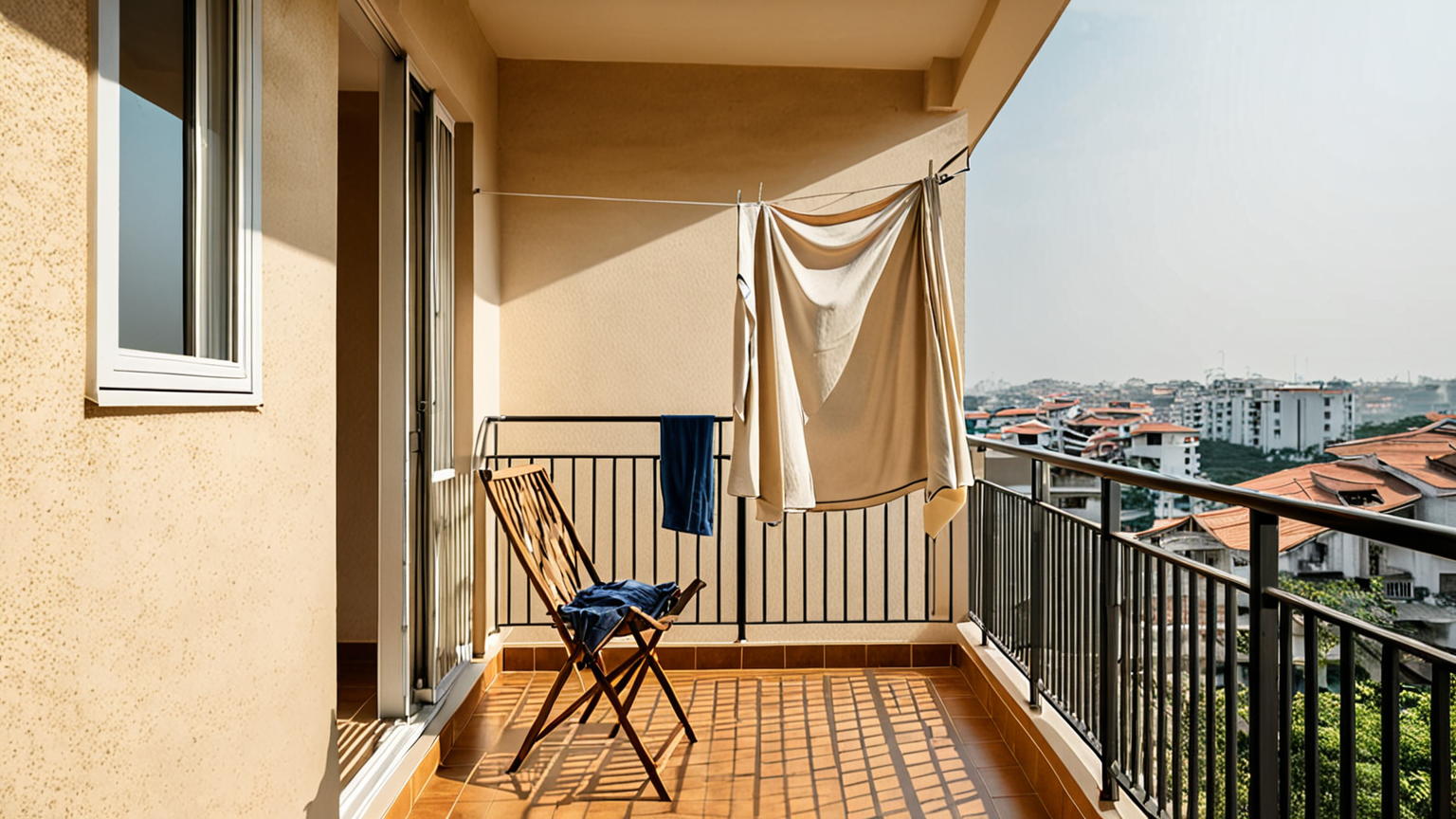 ベランダの物干し竿にカバーをかけている様子