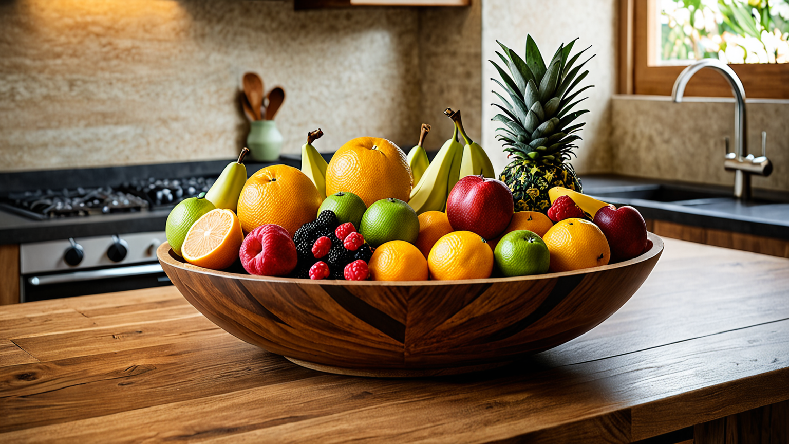 新鮮な果物が並ぶキッチン