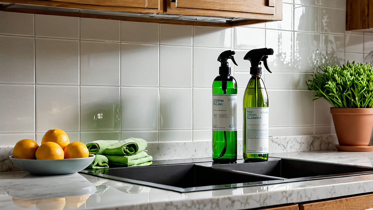 キッチンのタイルをセスキ水で掃除する様子