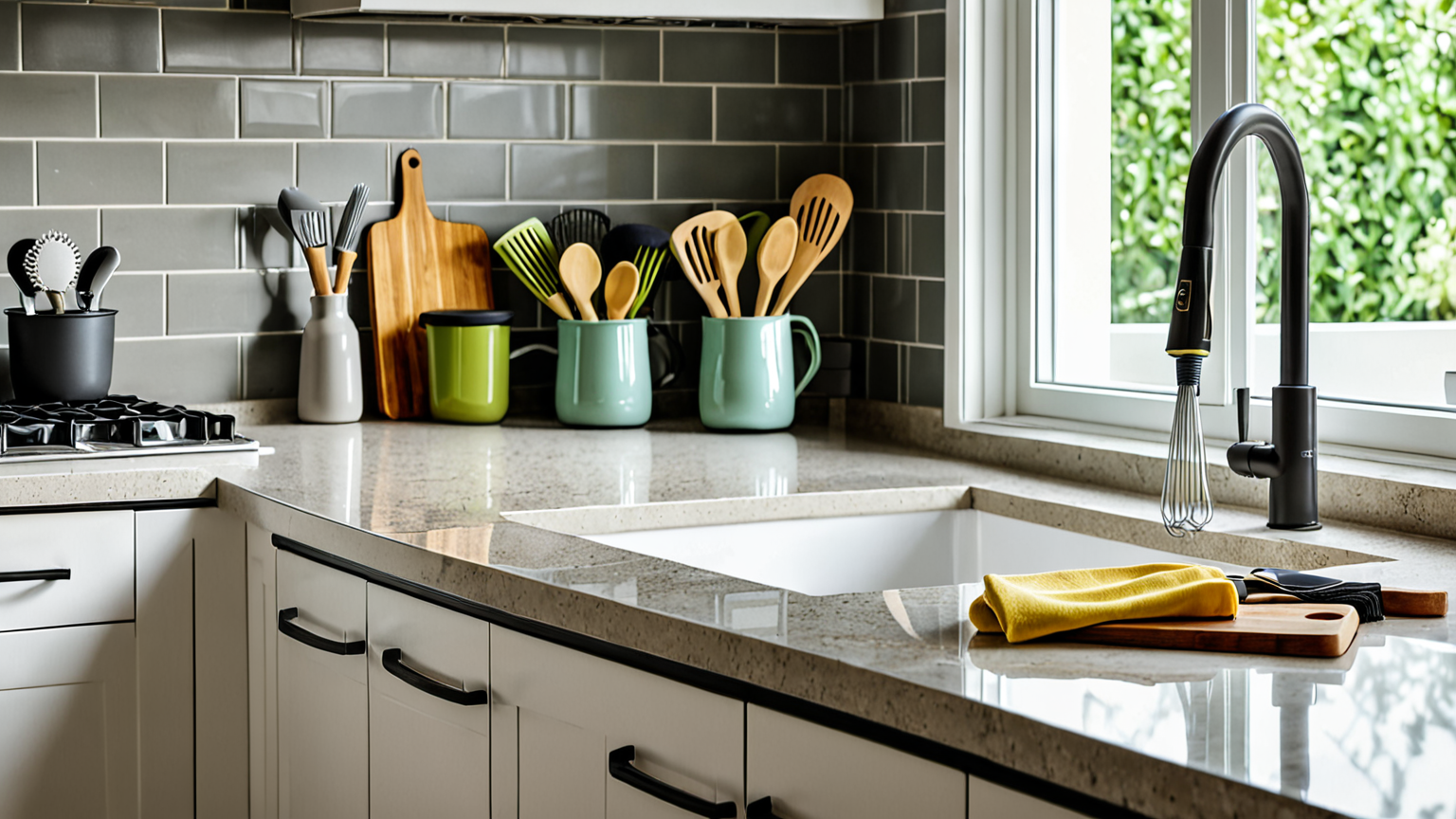 便利なキッチングッズと掃除道具の並び