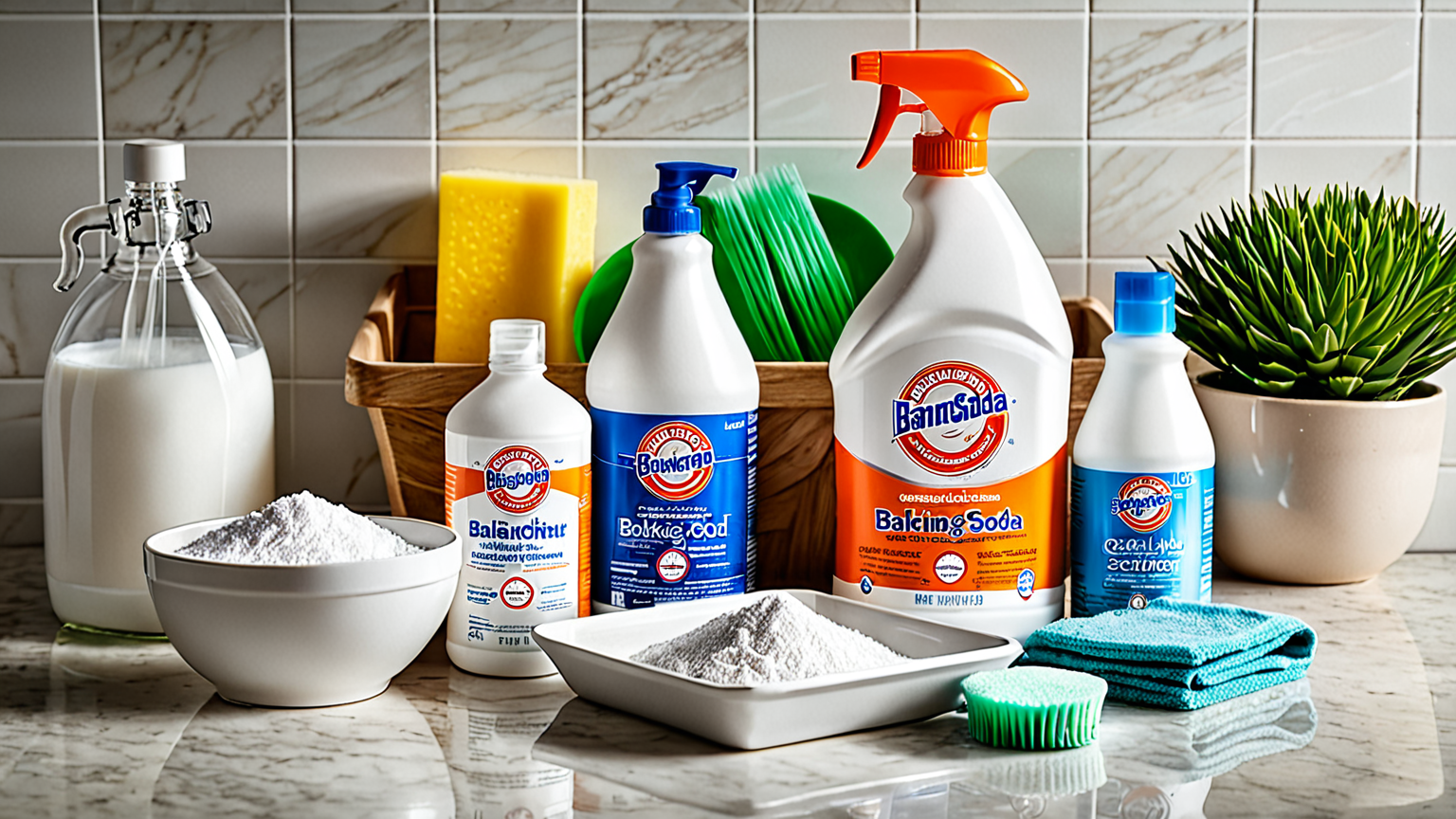 掃除用具と重曹の写真