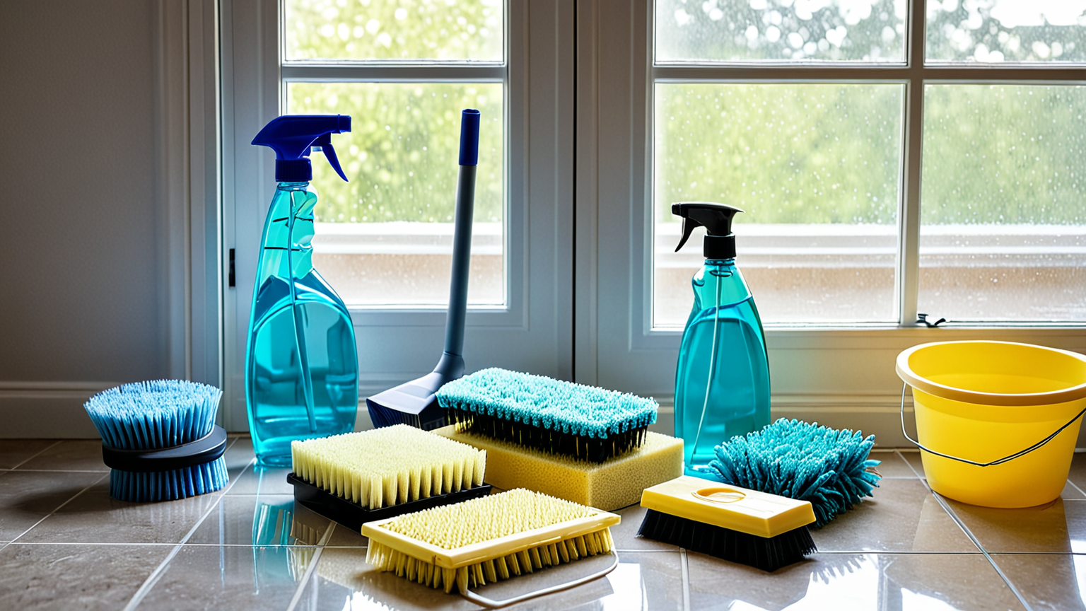 網戸掃除に使う掃除道具を揃えた写真