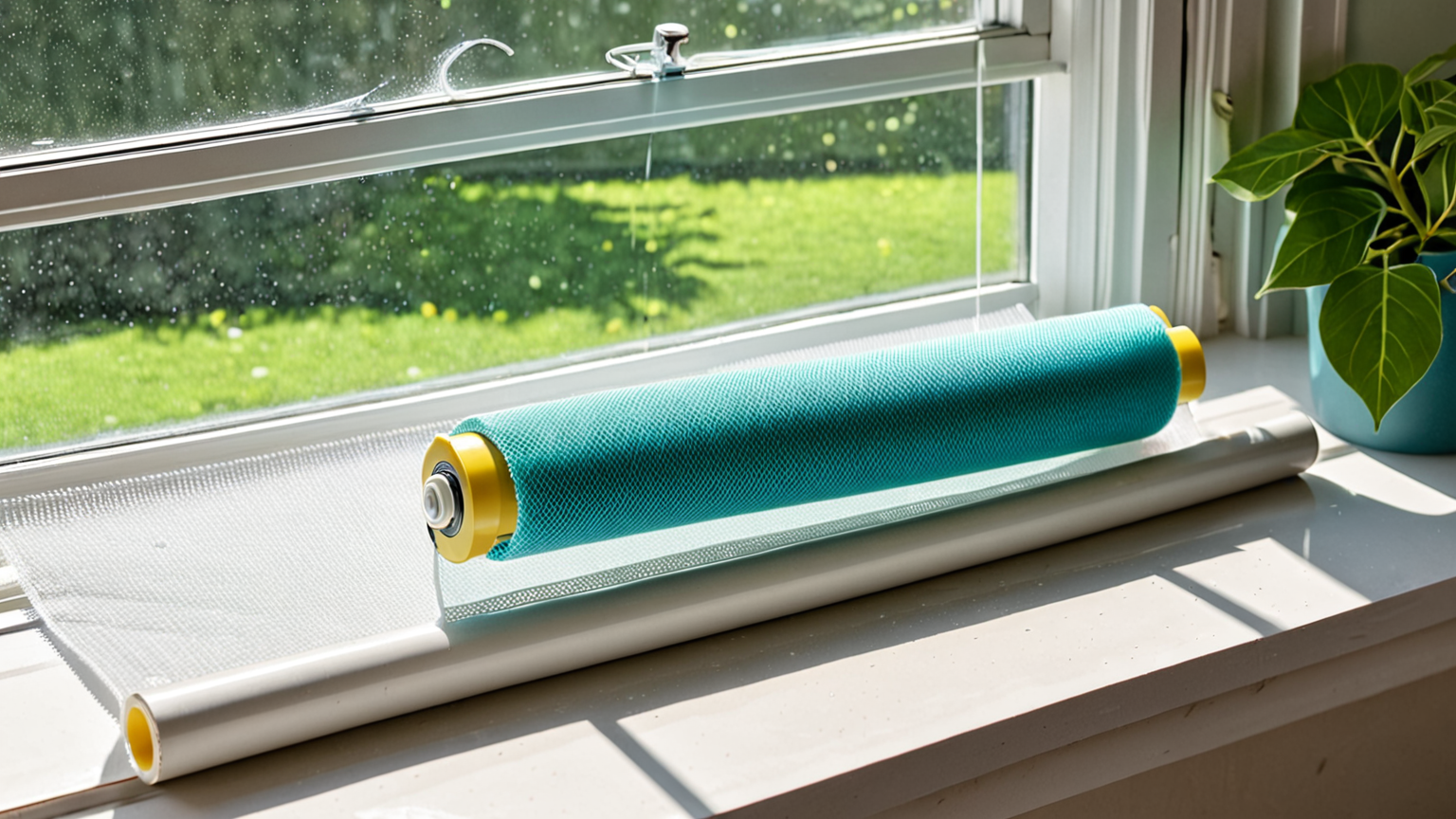 粘着ローラーを使って網戸のホコリを取る様子