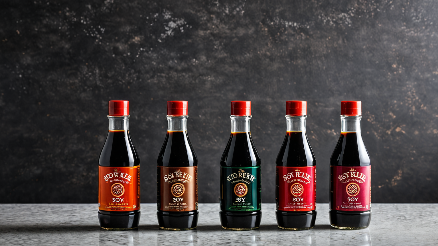 さまざまな種類の醤油ボトルが並んでいる様子