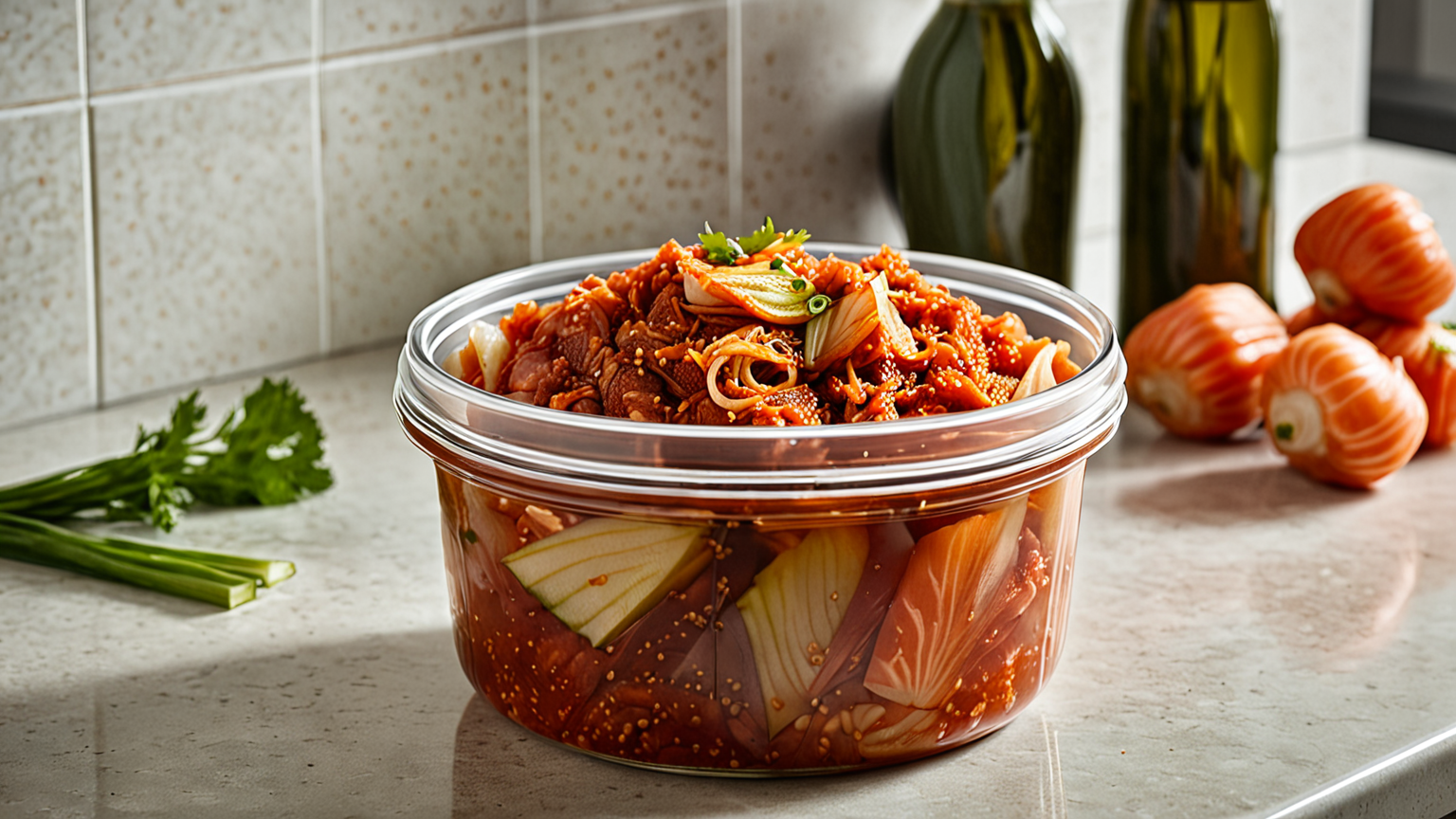 キムチを密閉容器で保存する様子