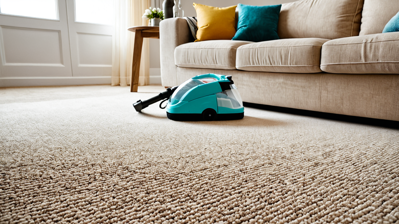 洗剤でカーペットを部分的に掃除している様子