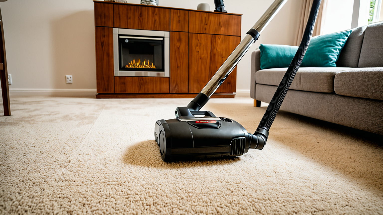 掃除機でカーペットを丁寧に掃除する様子