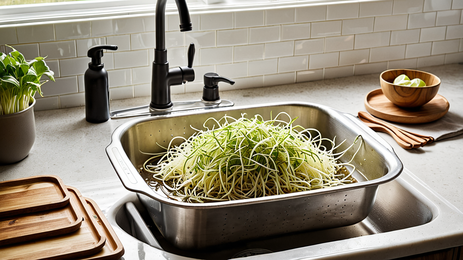 解凍中のもやしをザルにあげている様子