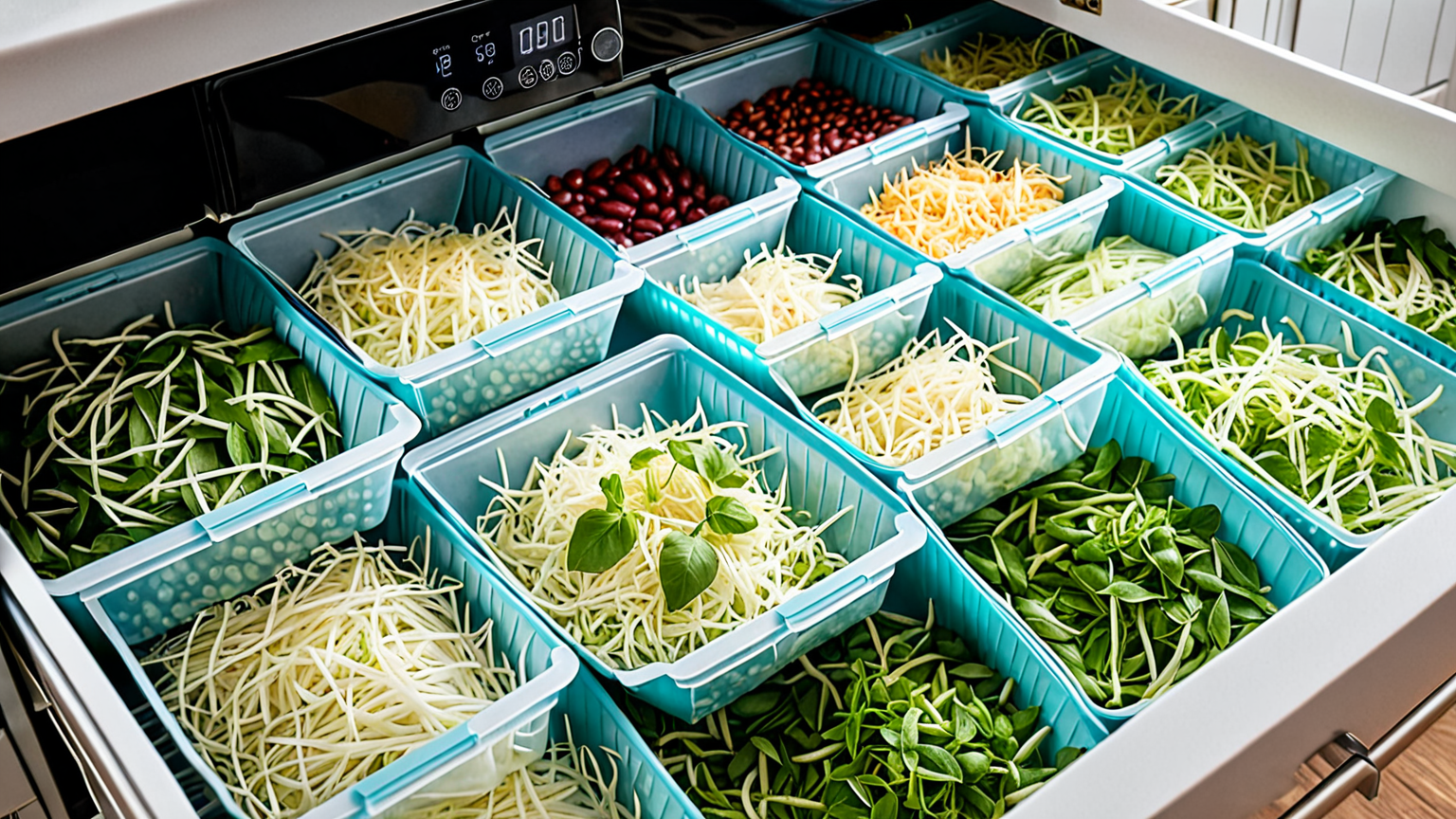 冷凍庫に並べられたフリーザーバッグ入りのもやし