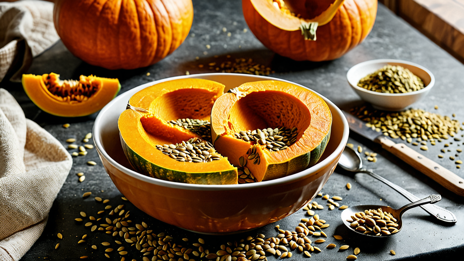 かぼちゃの種をスプーンで簡単に取り出している様子