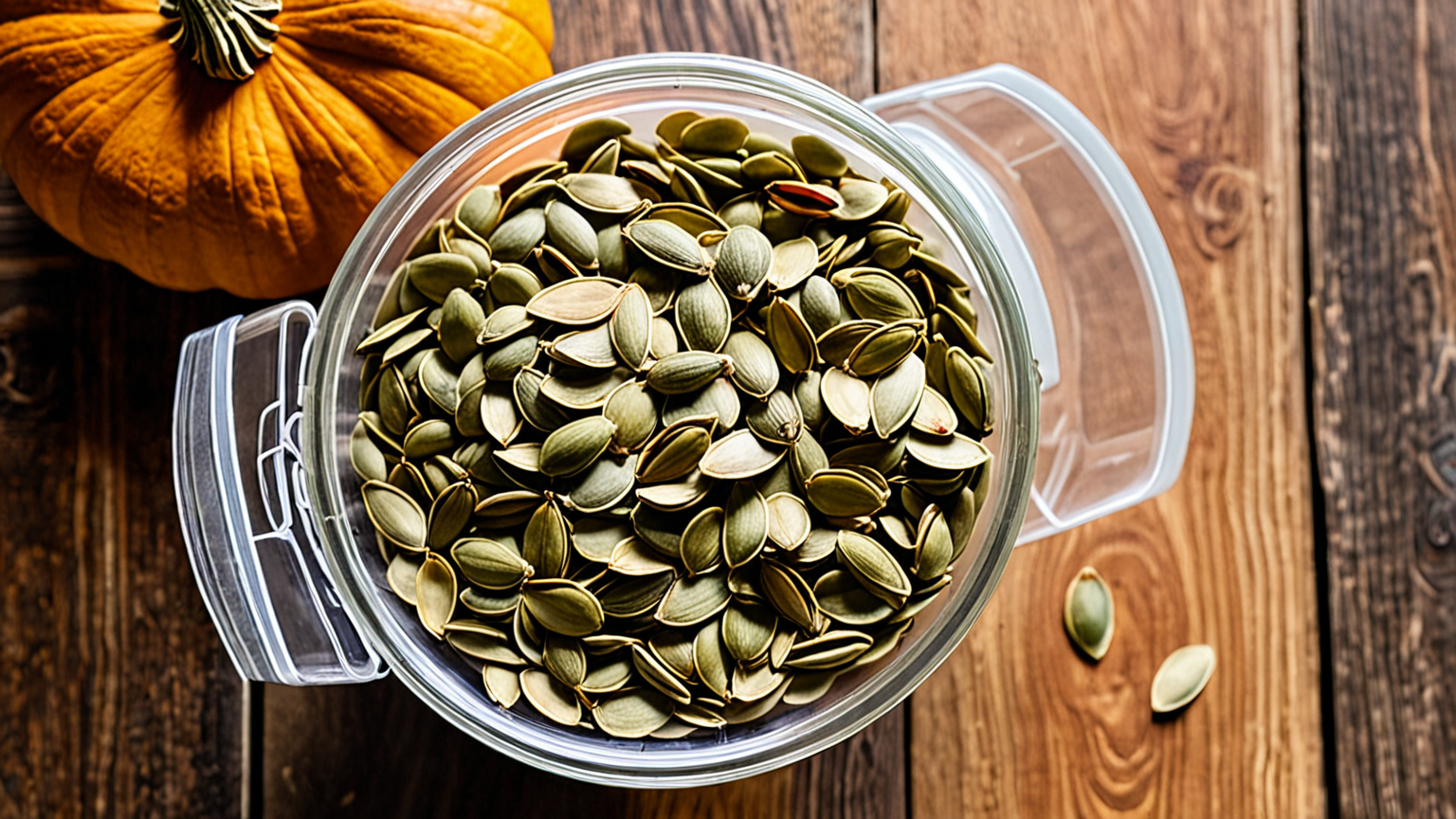 乾燥させたかぼちゃの種が保存容器に入っている様子