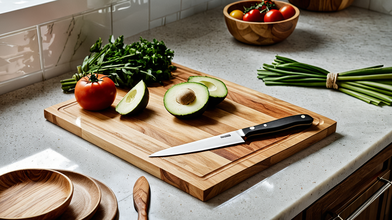 キッチンナイフとスプーン、まな板が並んでいる様子