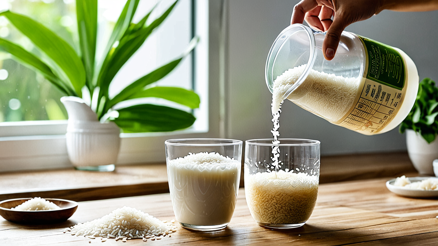 ペットボトルに計量カップでお米を注ぐ様子