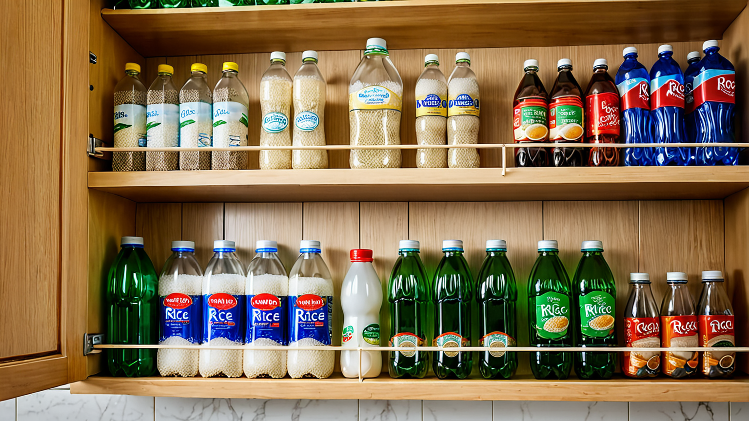 キッチンの戸棚に並んだペットボトル保存のお米