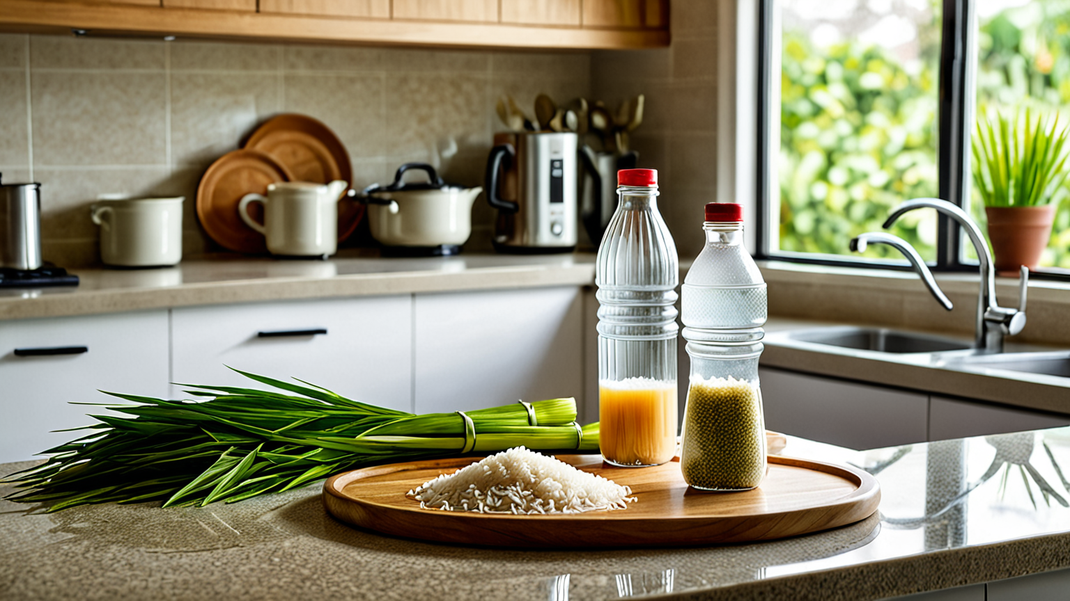 ペットボトルのお米を使う家庭のキッチン風景