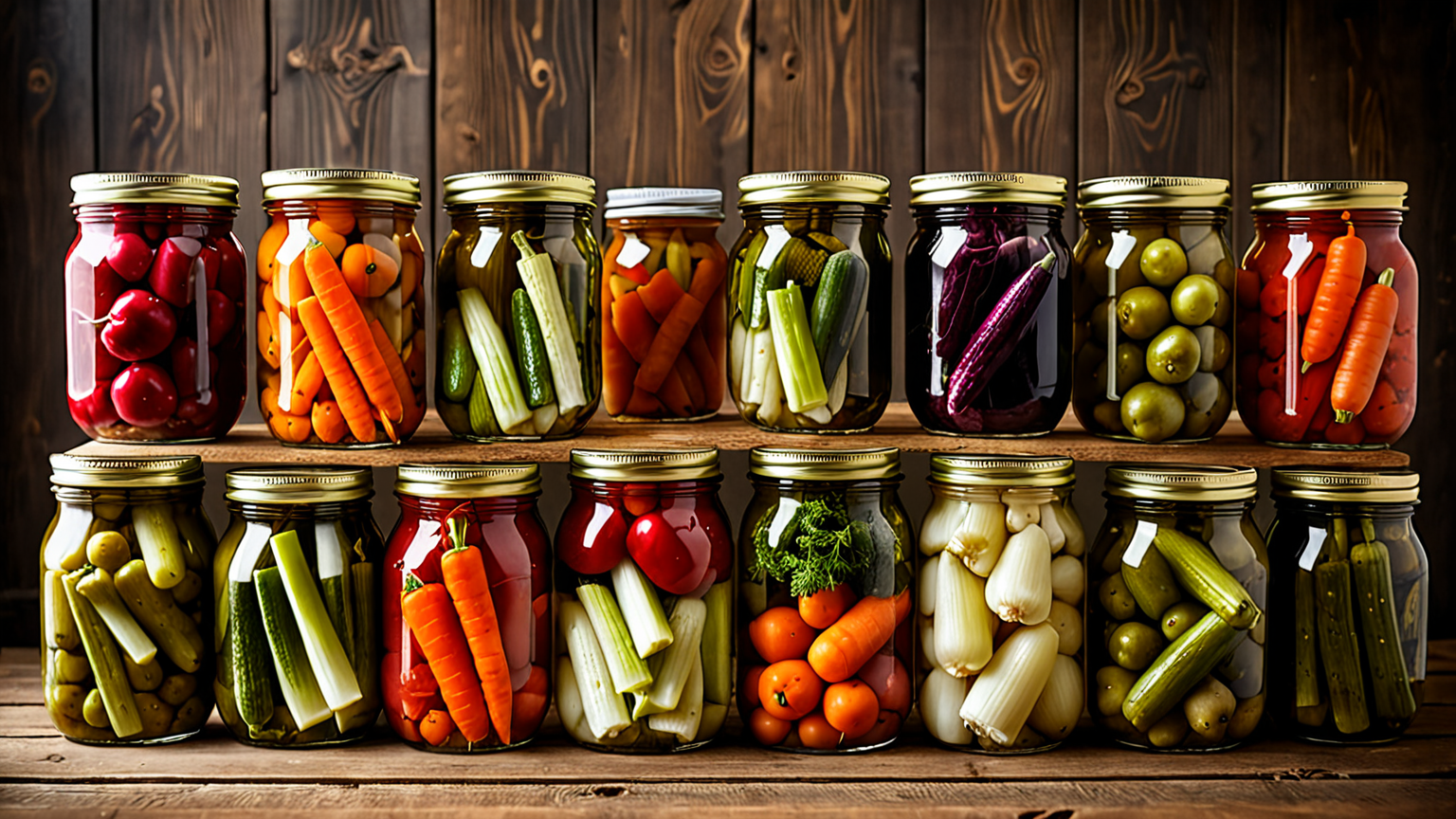 いろいろな種類の漬物が瓶に入っている様子