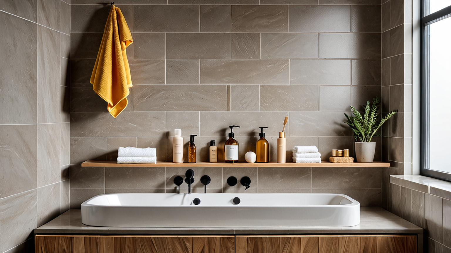 掃除用具が並んだ浴室の風景