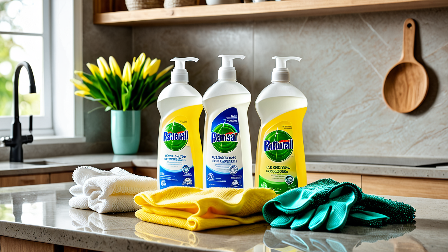 天然成分の洗剤ボトルと手袋