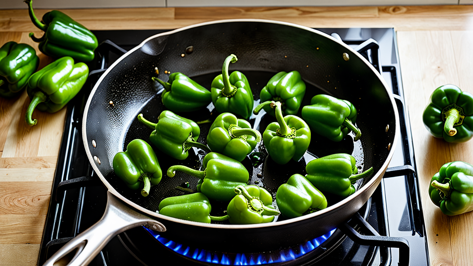 フライパンでピーマンを調理している様子
