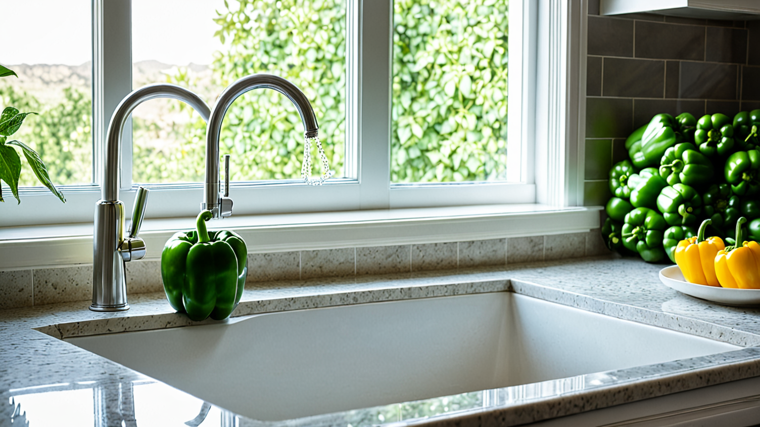 キッチンでピーマンを洗っている様子