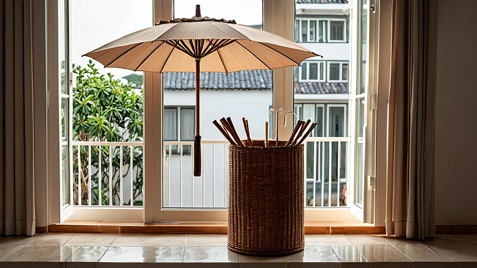 乾燥した傘立てと換気のイメージ