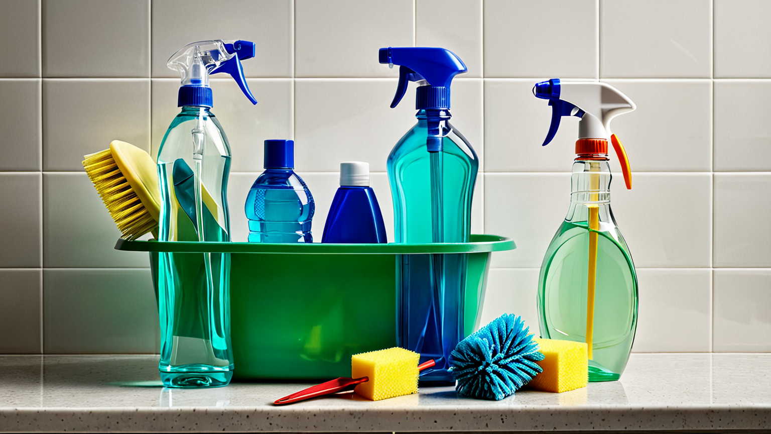 洗剤のボトルと掃除道具のイメージ