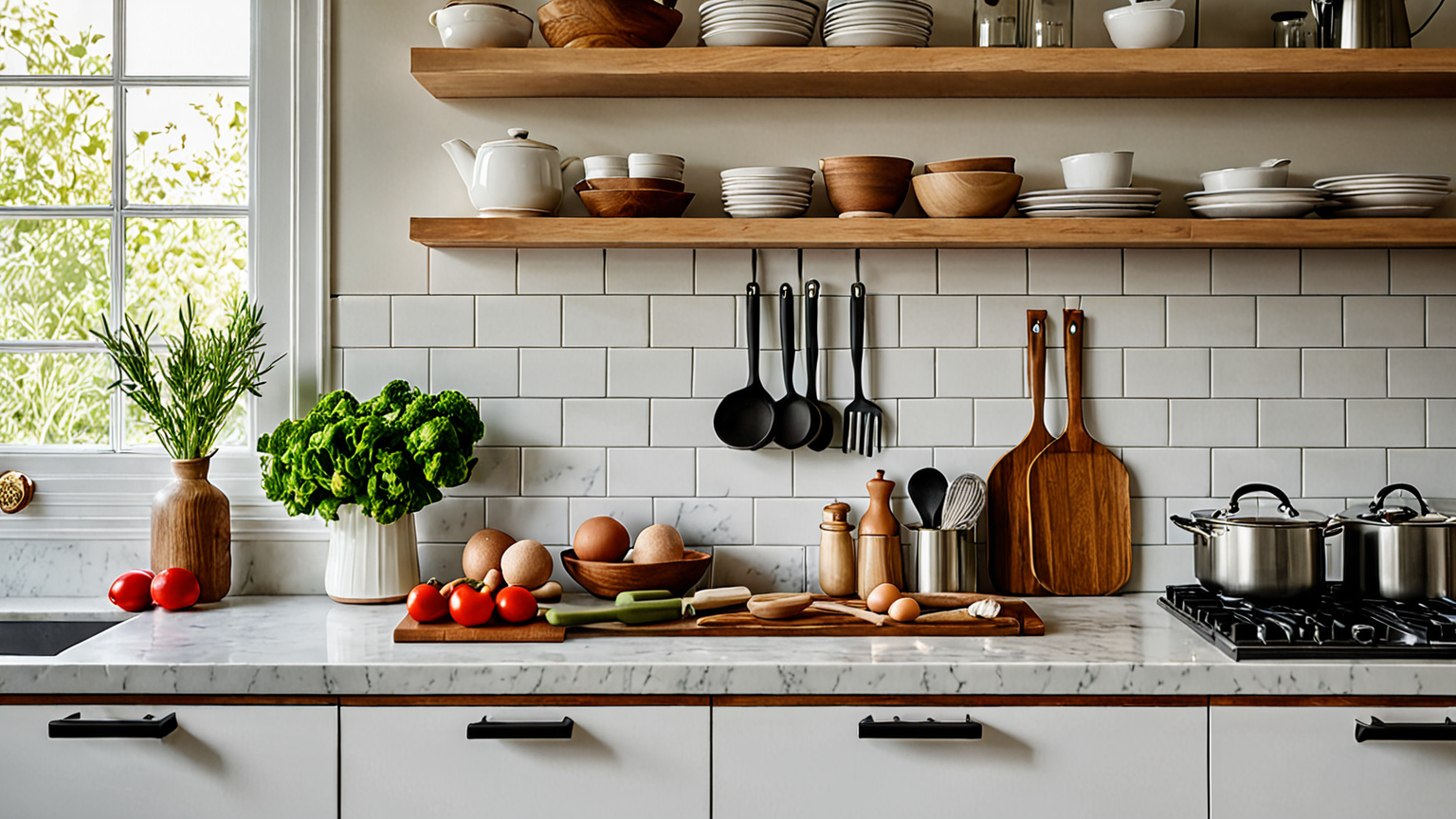 清潔なキッチンで料理をする様子