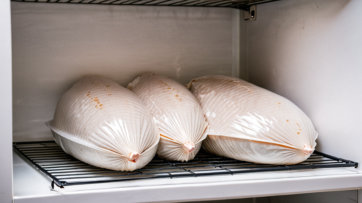 鶏むね肉をラップで包んで冷凍庫に入れる様子