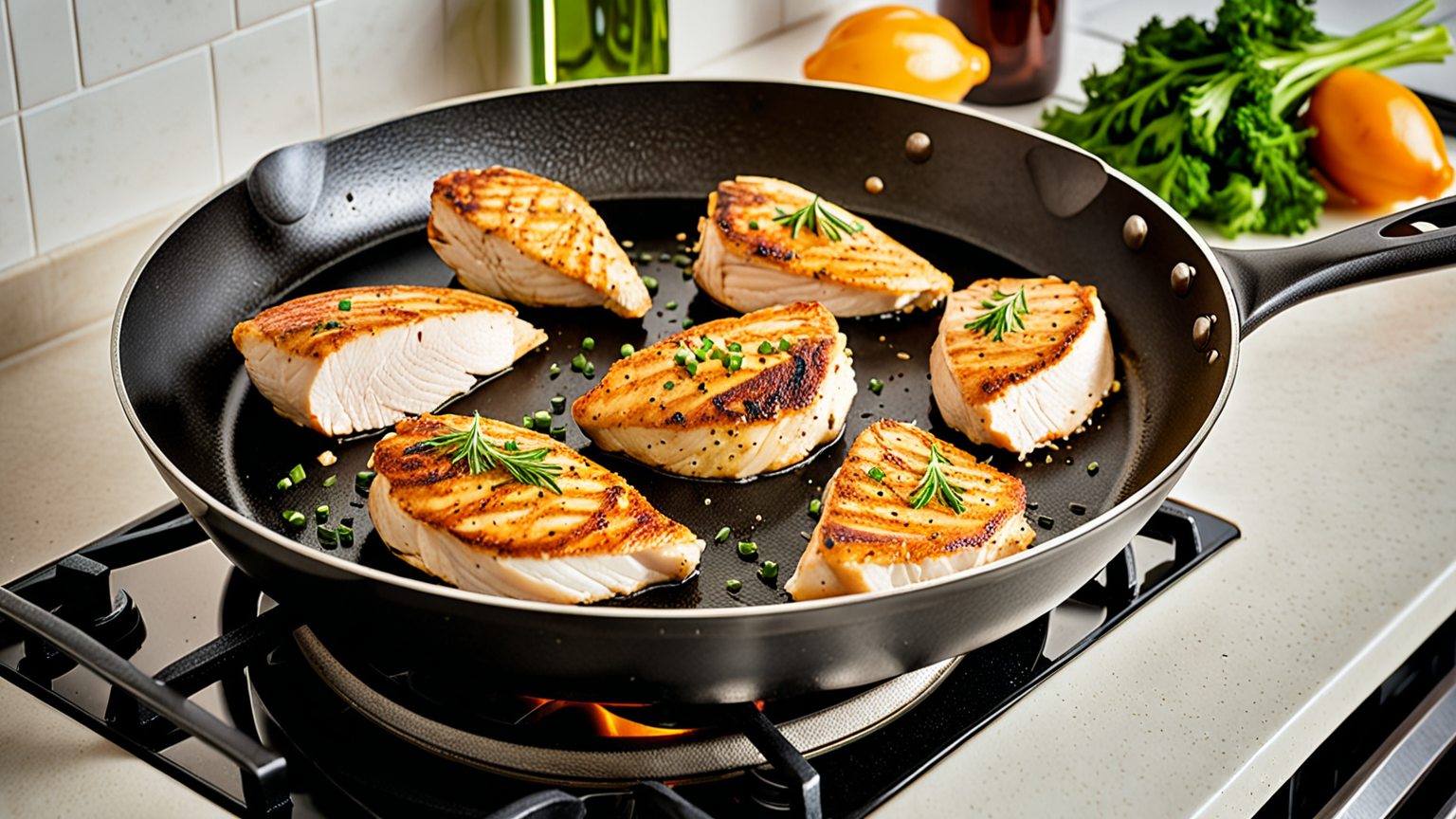 フライパンでしっとり鶏むね肉を焼く様子