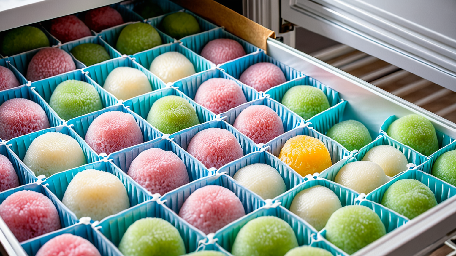 冷凍庫に整然と保存された切り餅のパック