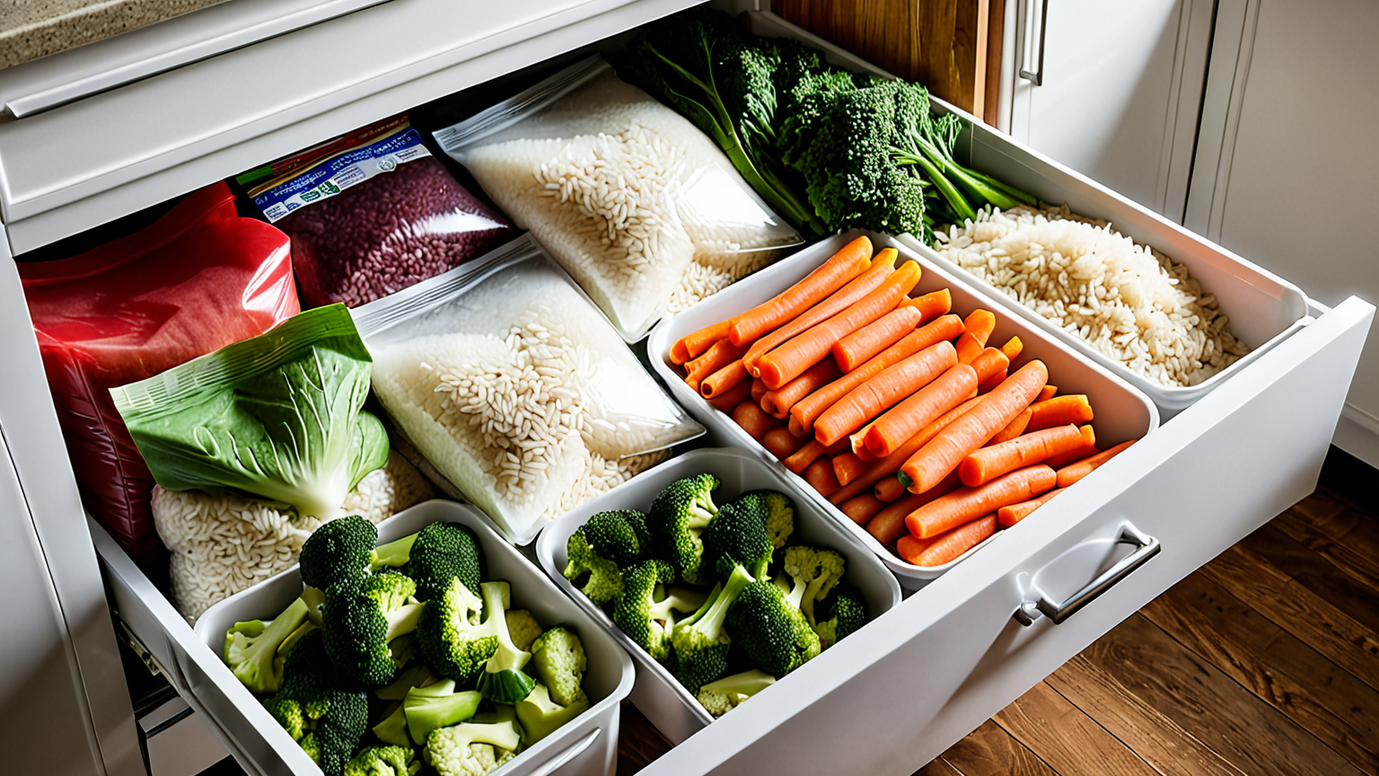 冷凍ご飯や野菜を保存している冷凍庫の様子