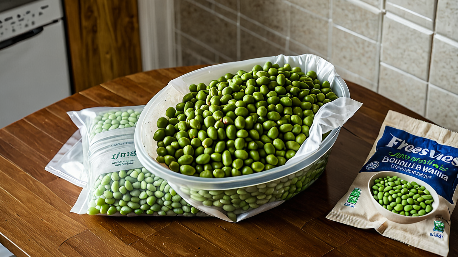 枝豆を茹でて冷凍袋に入れる様子