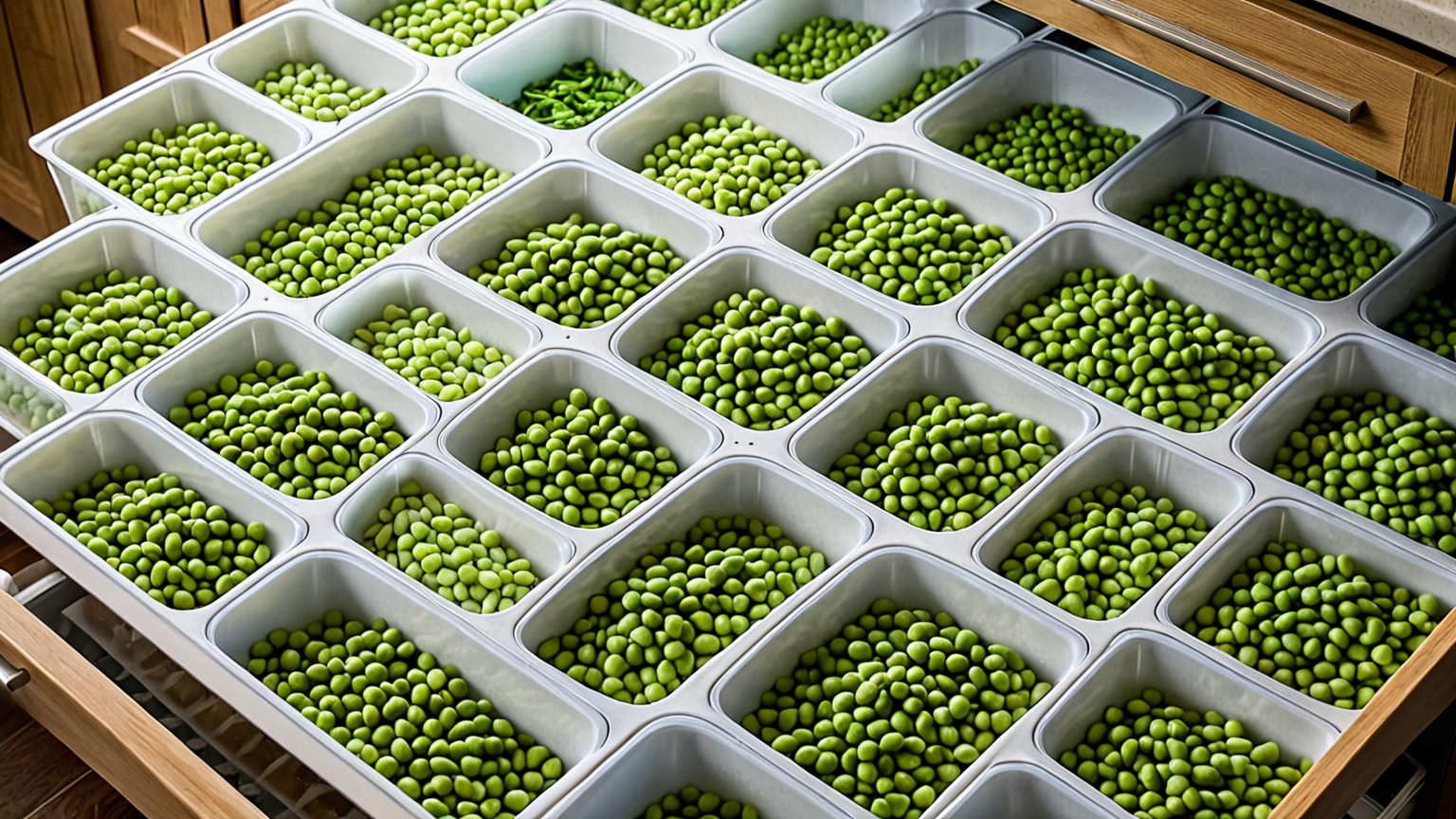 冷凍庫内の整理された枝豆パック