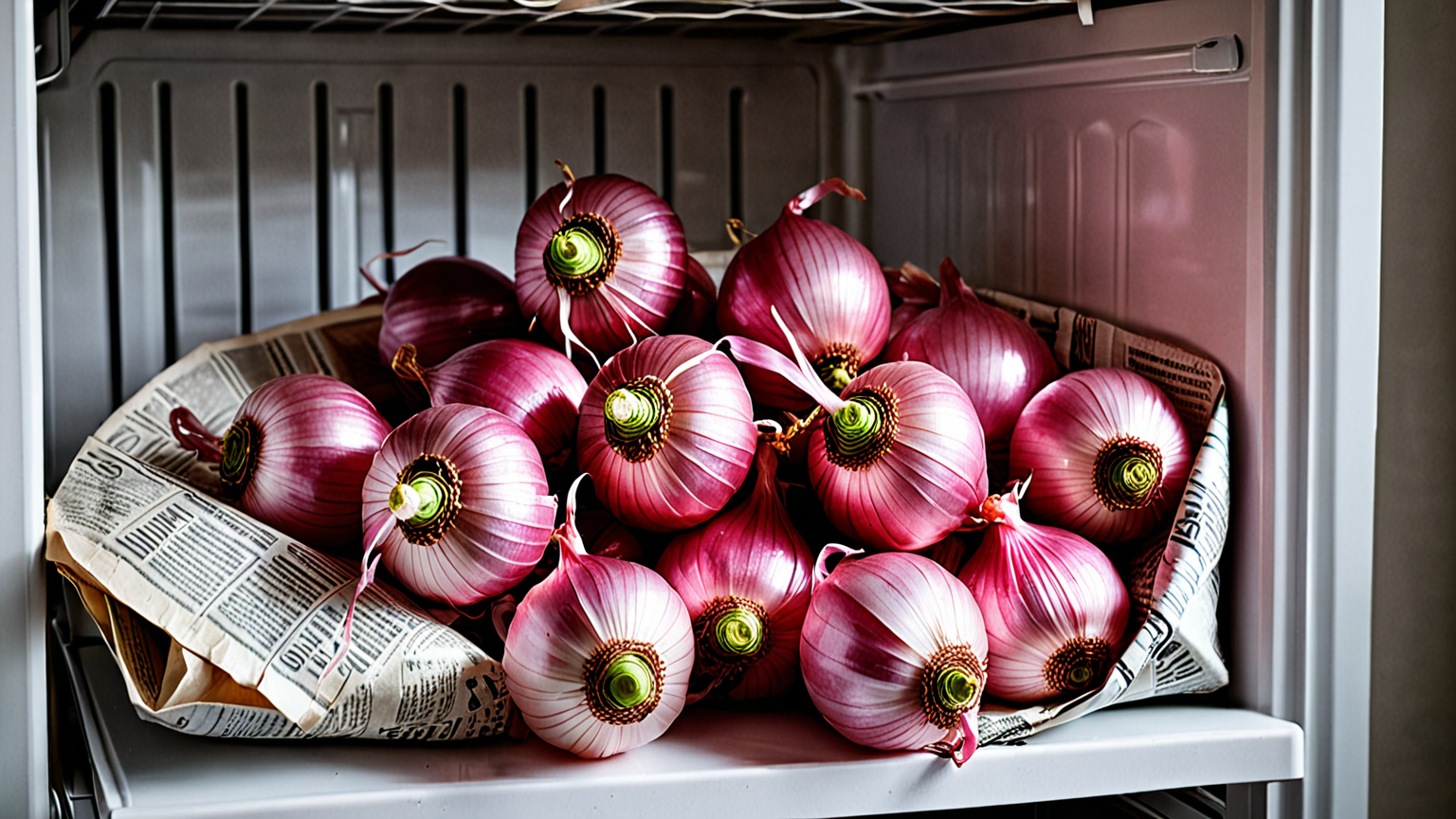 らっきょうを新聞紙で包み冷蔵庫に保存している様子