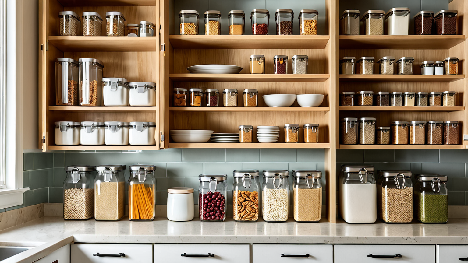 キッチンの清潔な保存容器と保存スペース